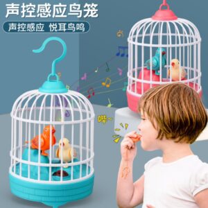 Sound Activated Chirping Bird in Hanging Cage - Beautiful Pinjra Bird Toy for Kids with LED Light- Clap to See The Moving Beak and Flapping Wings - Color and Design As Per Stock